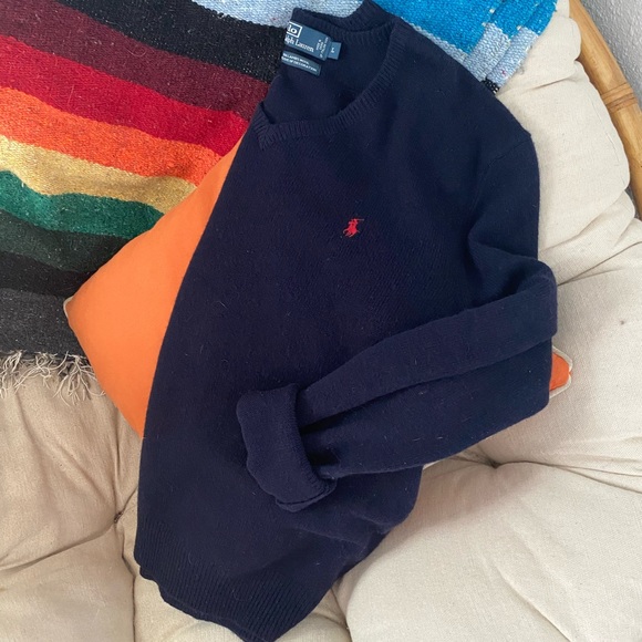 100% Lambswool Navy Polo Sweater - Picture 1 of 4